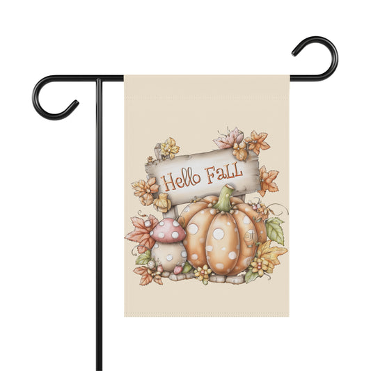 Whimsical autumn garden flag with a light beige background, featuring a rustic wooden sign that says Hello Fall, a large orange polka-dotted pumpkin, a pink mushroom, and soft autumn leaves.