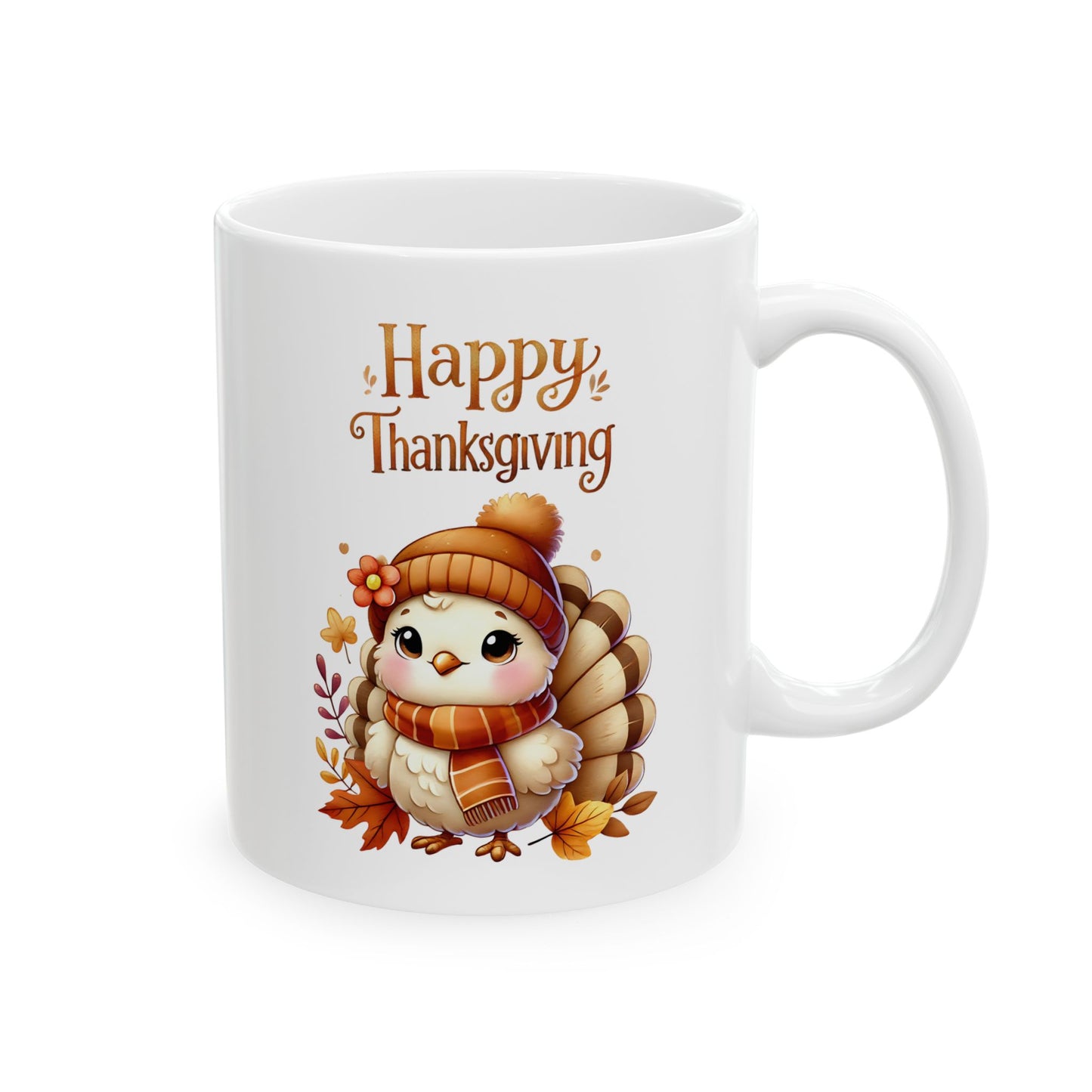 Cute cartoon turkey wearing a beanie and scarf on a white ceramic mug with "Happy Thanksgiving" text
