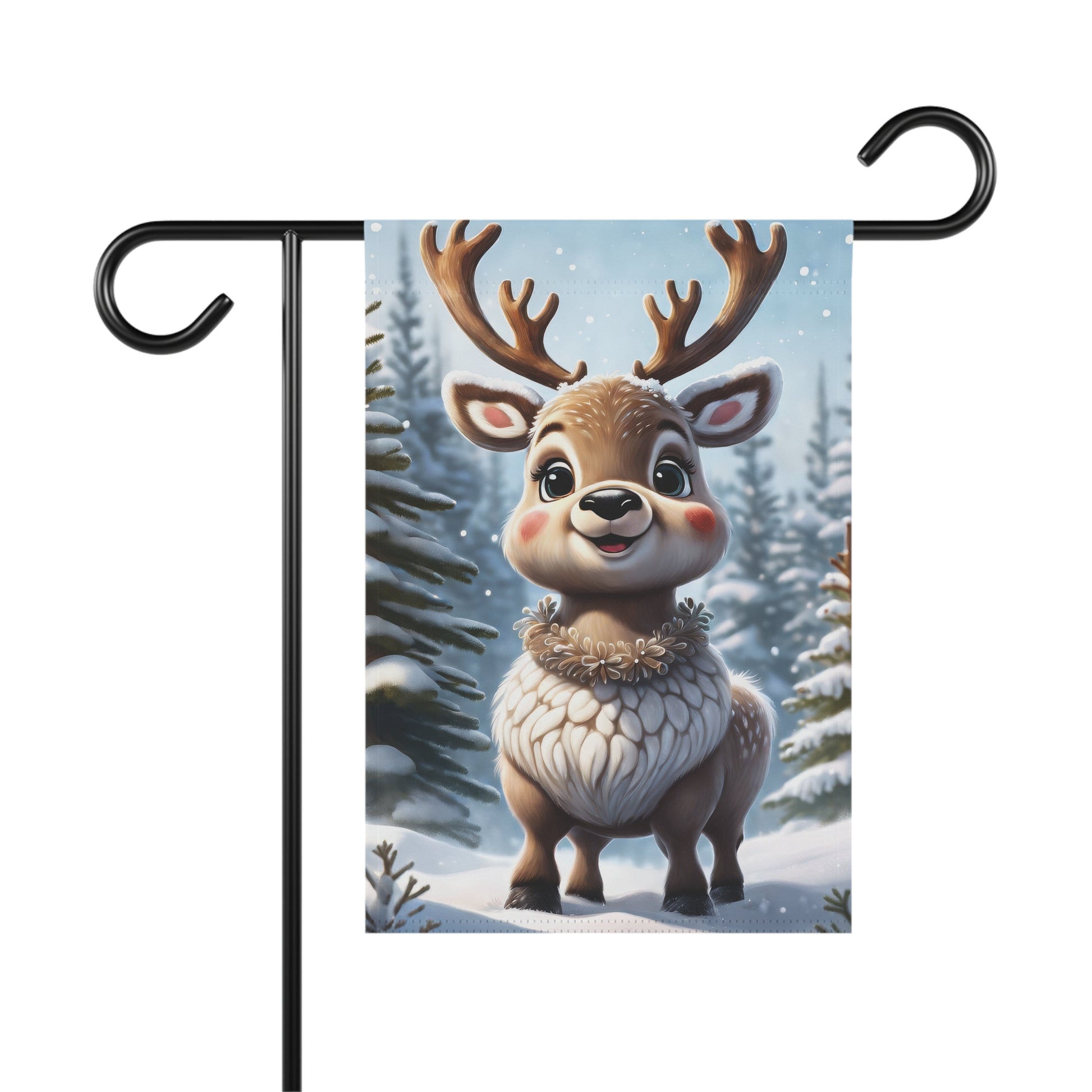 Cute cartoon reindeer garden flag with rosy cheeks and antlers, standing in a snowy forest with falling snowflakes, festive holiday outdoor decor.

