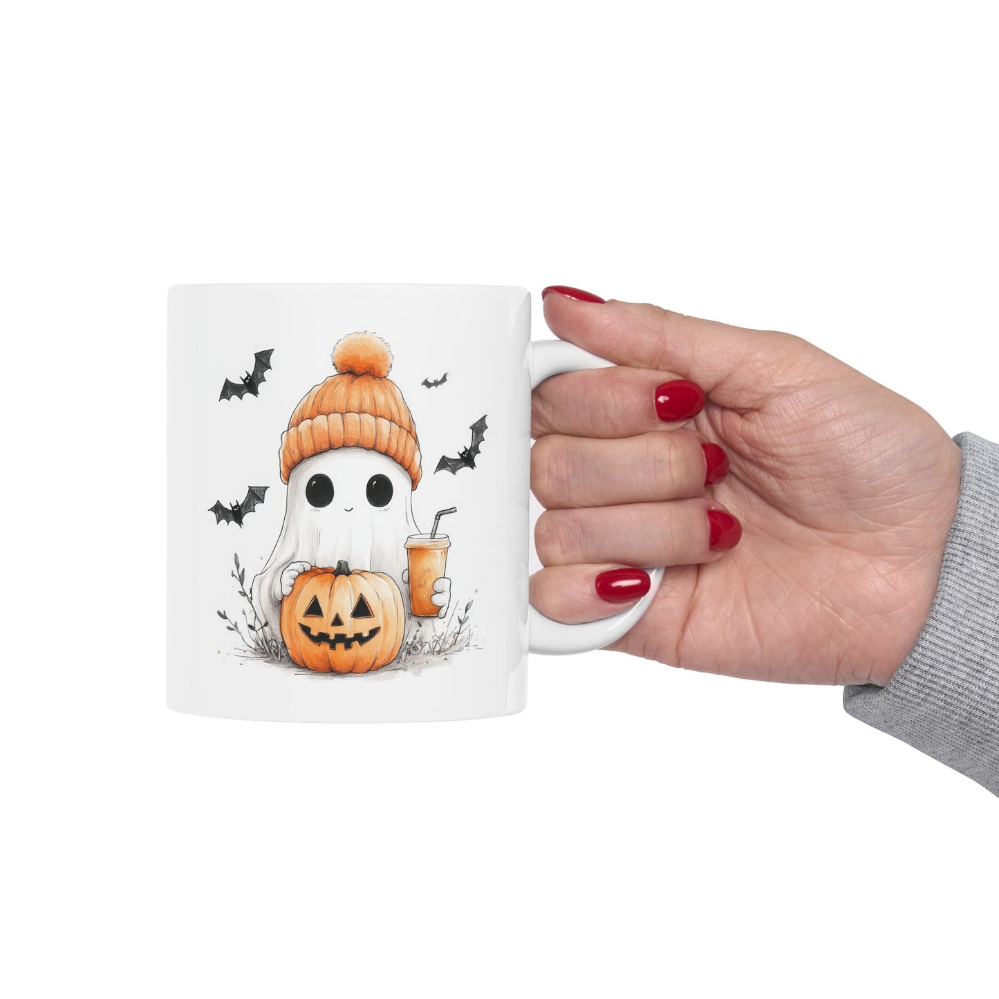 Adorable Ghost with Beanie & Pumpkin Coffee Mug