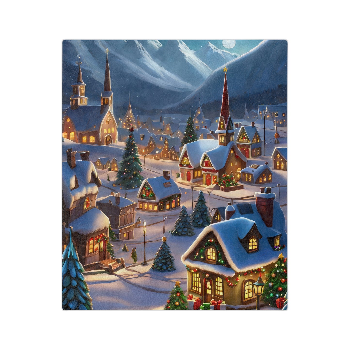 A plush velveteen blanket featuring a scenic illustration of a snow-covered Christmas village at dusk, with illuminated houses, decorated Christmas trees, and a festive atmosphere.