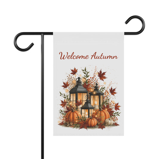 Outdoor garden flag featuring illuminated lanterns illustration beneath red script text reading Welcome Autumn.