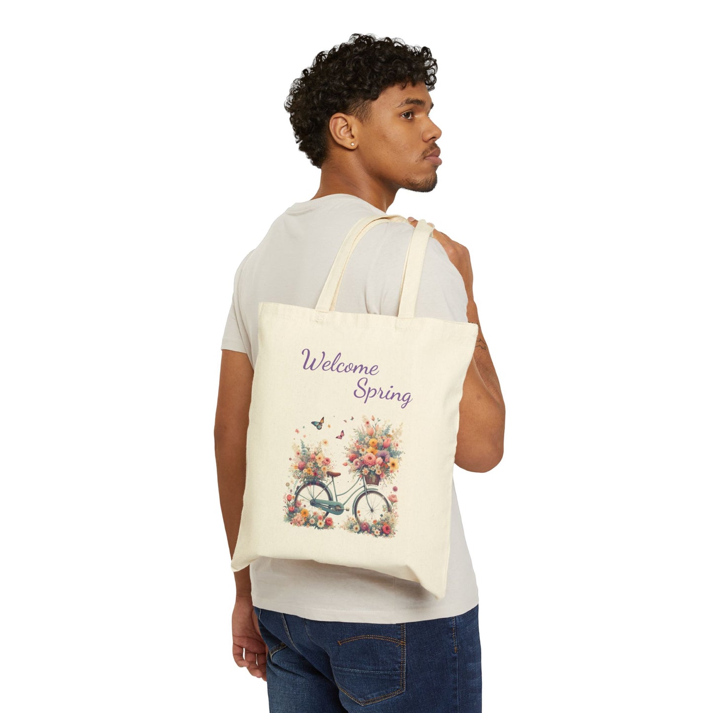 "Welcome Spring" Floral Bicycle Canvas Tote Bag