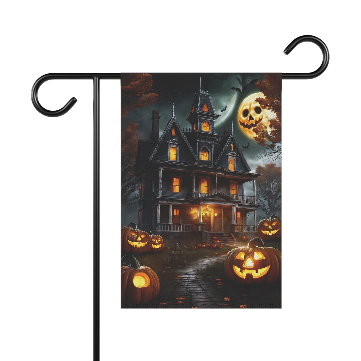 Haunted mansion Halloween garden flag with glowing pumpkins and skull-shaped full moon