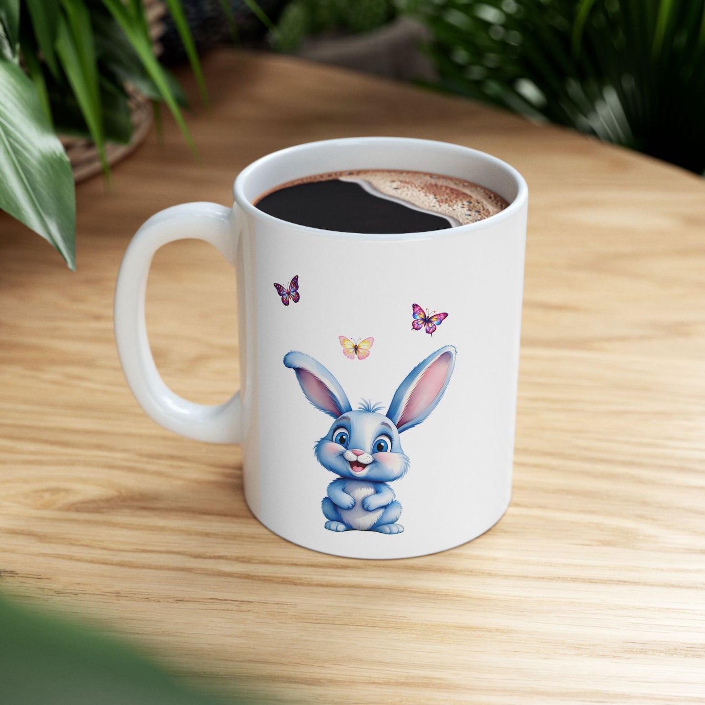Adorable Blue Bunny & Butterflies Ceramic Mug