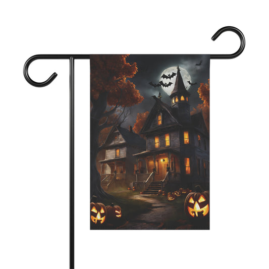 Halloween garden flag with spooky haunted house, glowing pumpkins, and full moon with flying bats