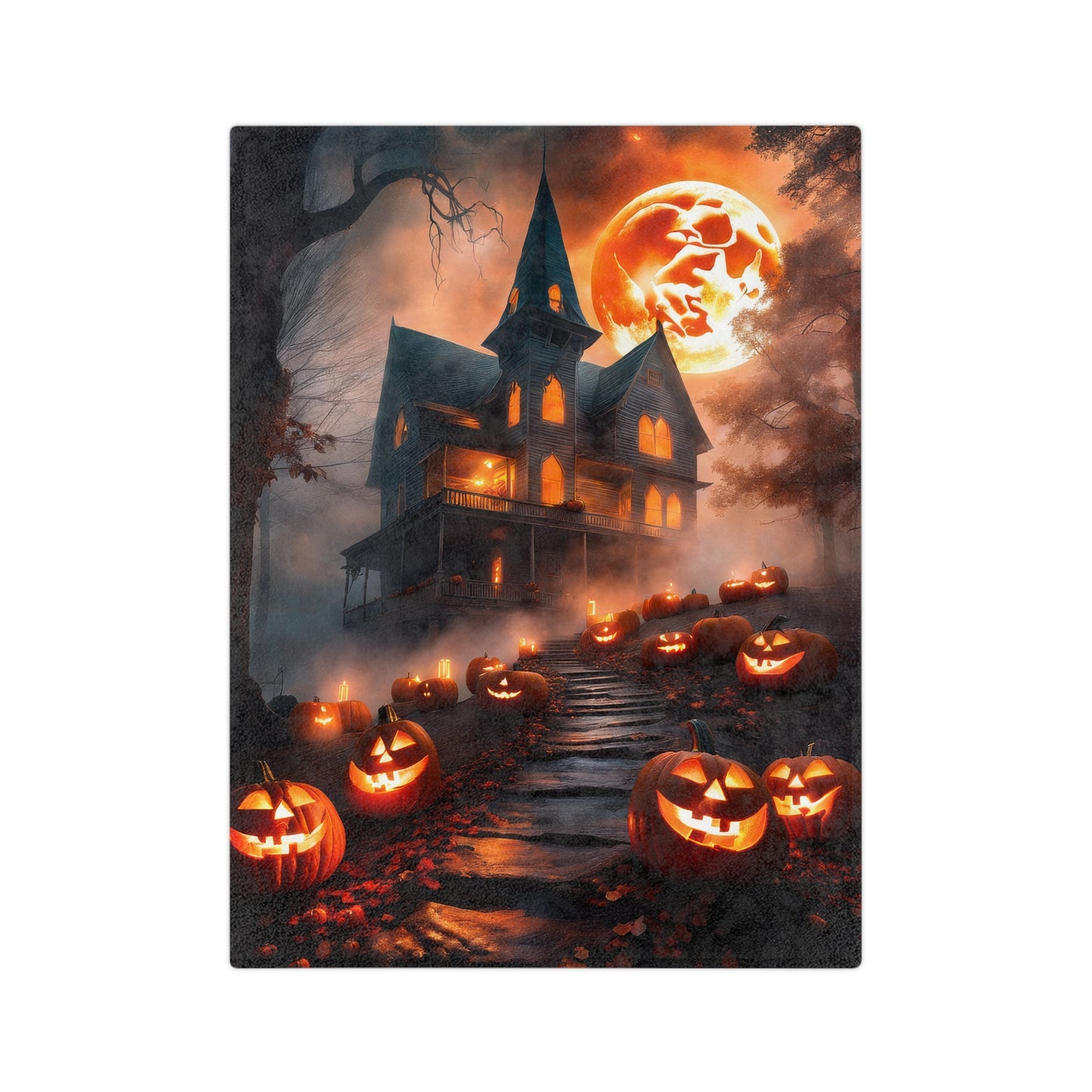 Plush velveteen blanket with a haunted house, glowing windows, a large orange full moon, bats, jack-o'-lanterns, and spooky trees, Halloween decor.

