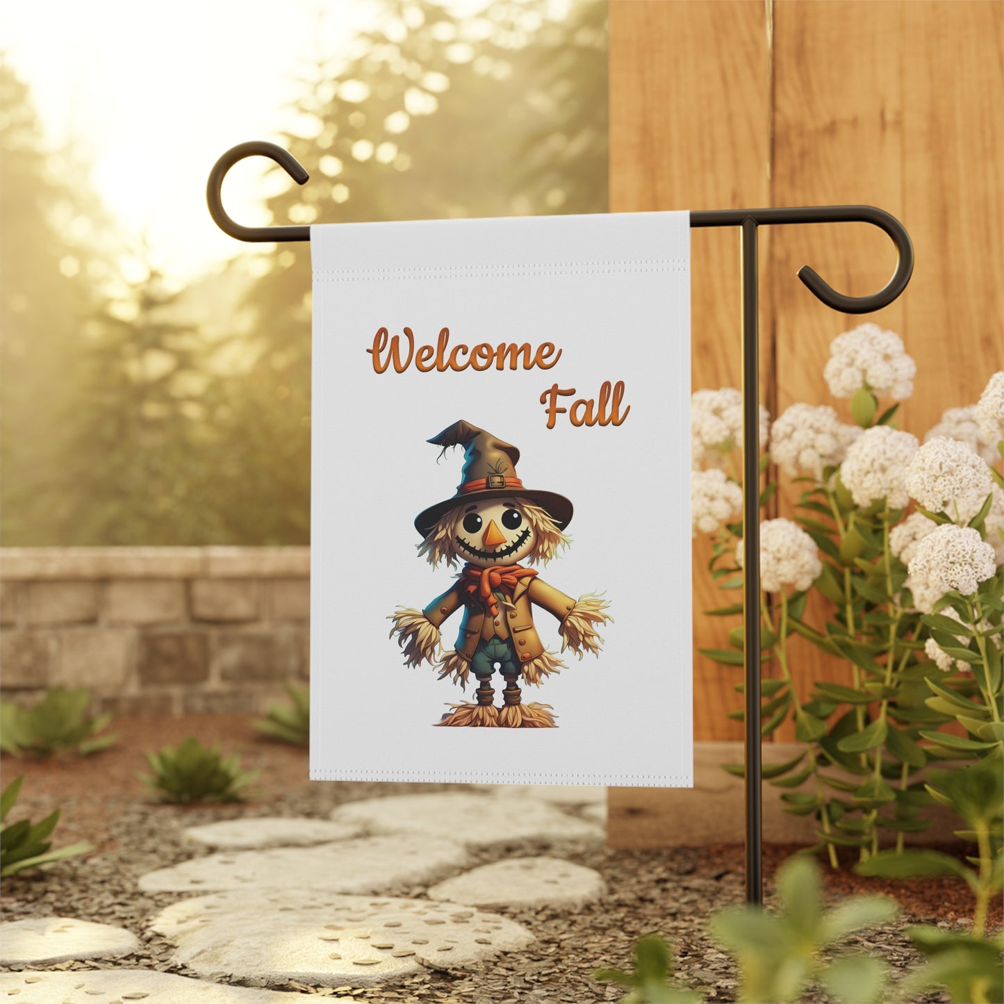 Welcome Fall garden flag with a smiling scarecrow