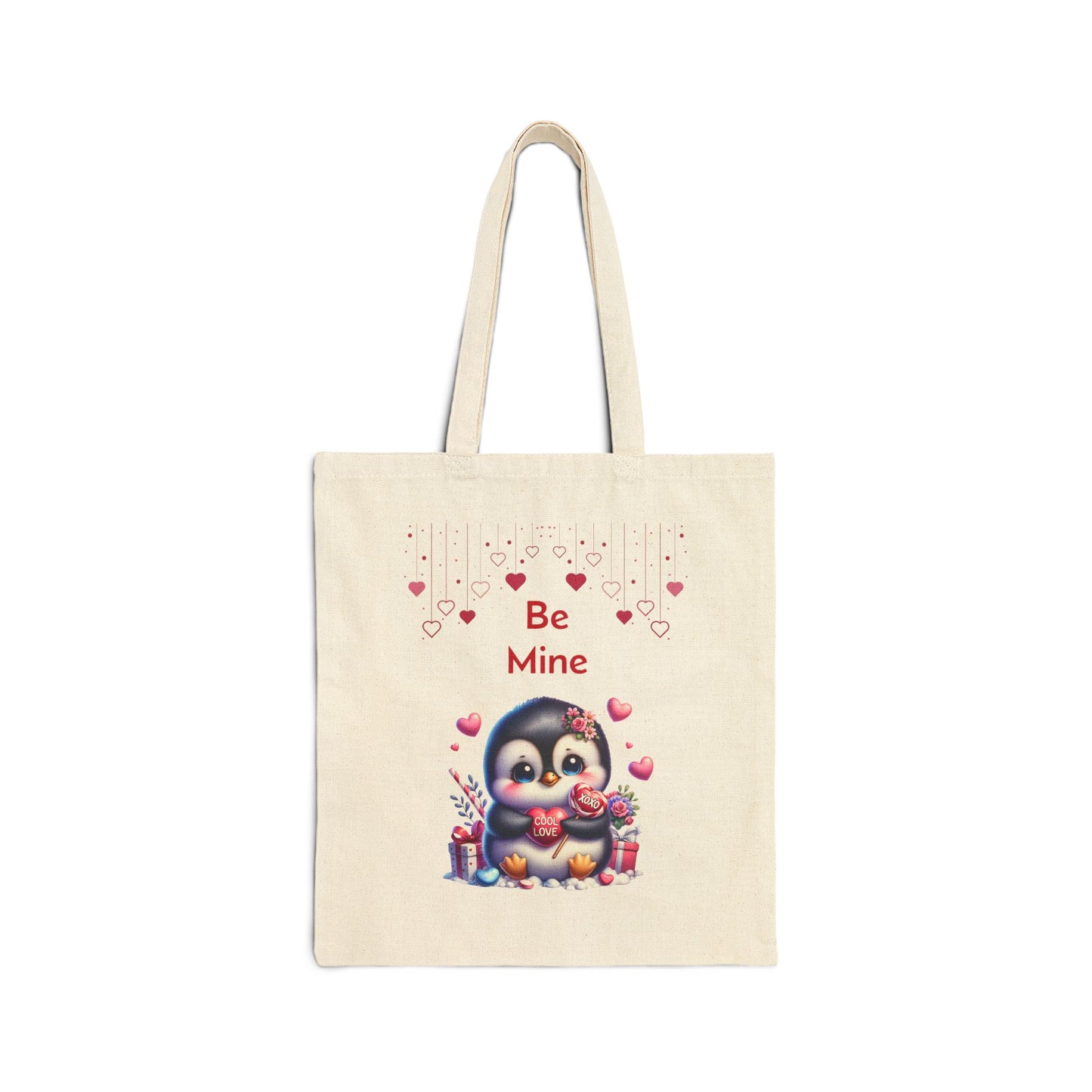 "Be Mine" canvas tote bag with a cute penguin holding a heart candy that says "I LUV U."