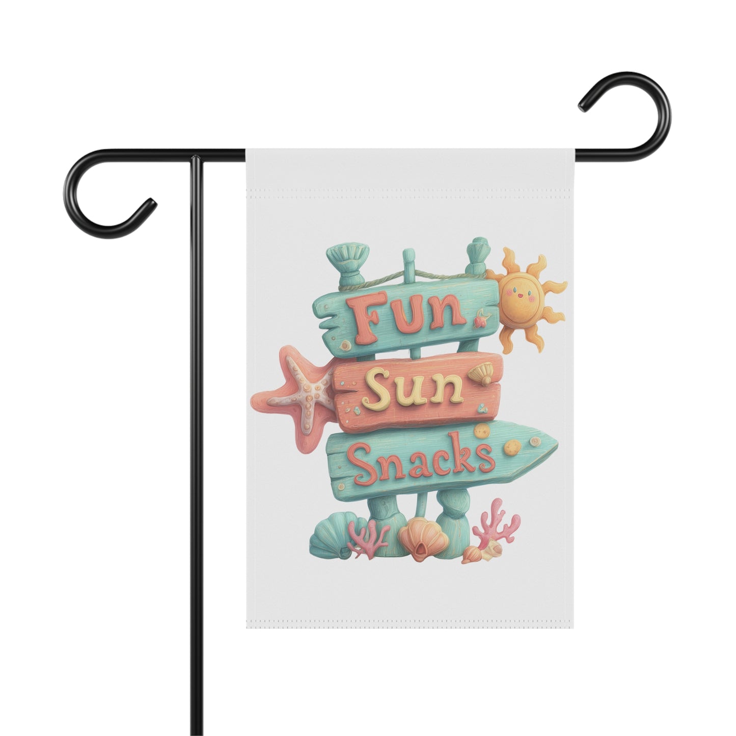 Summer garden flag featuring a pastel-colored wooden signpost with directional layers reading Fun, Sun, and Snacks, surrounded by a smiling sun, starfish, seashells, and coral reef elements.