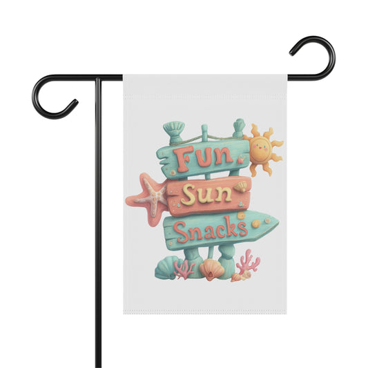 Summer garden flag featuring a pastel-colored wooden signpost with directional layers reading Fun, Sun, and Snacks, surrounded by a smiling sun, starfish, seashells, and coral reef elements.