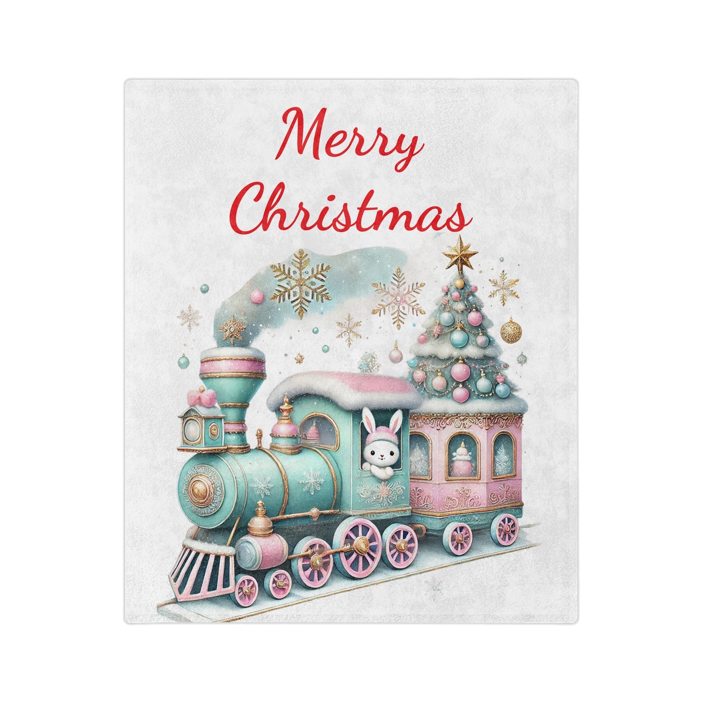 Pastel Christmas blanket with pink and teal holiday train, bunny, snowflakes, and decorated tree
