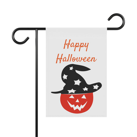 "Happy Halloween garden flag with a pumpkin and witch hat design on white background"
