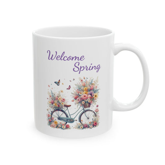 "Welcome Spring" Floral Bicycle Coffee Mug