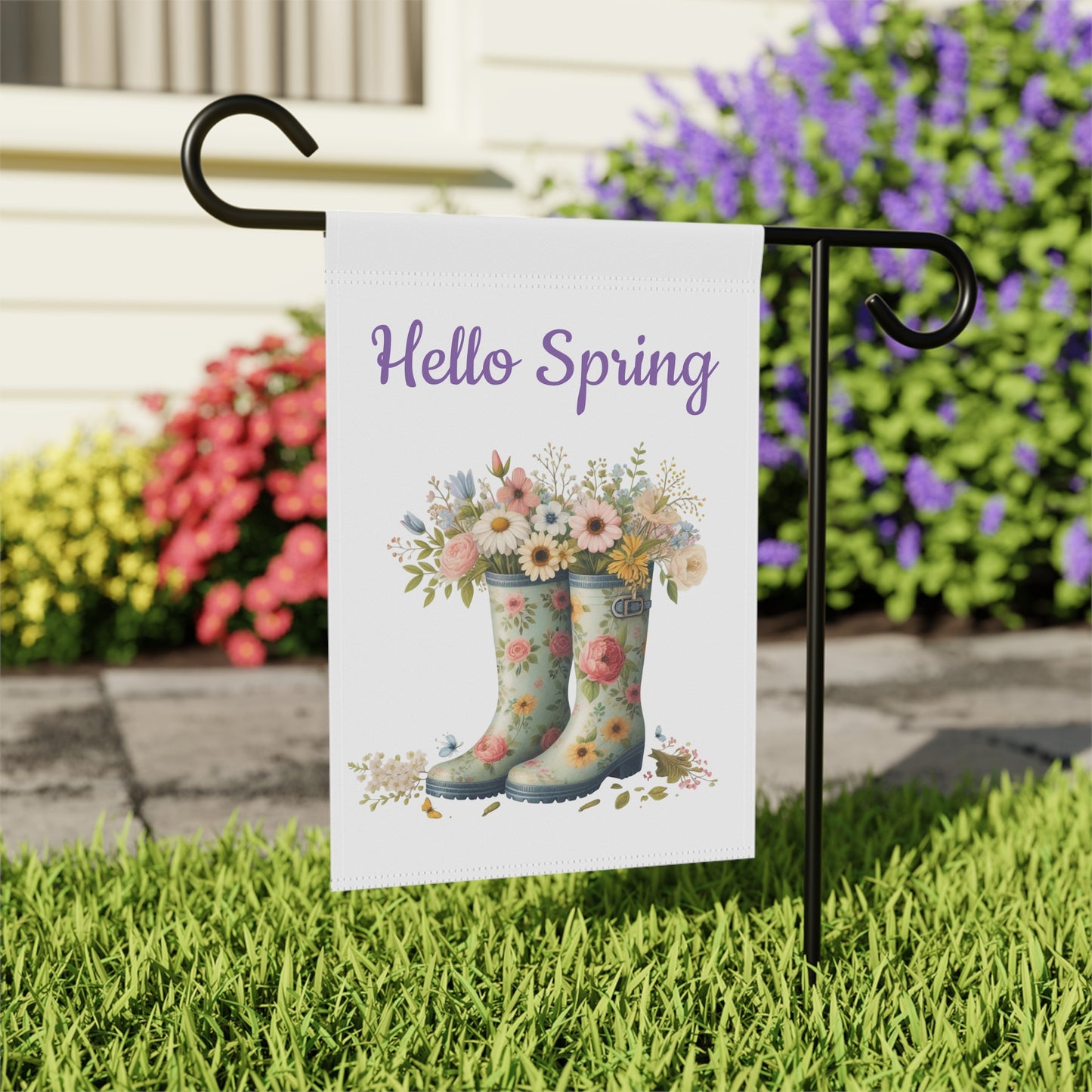 "Hello Spring" Garden Flag with Floral Rain Boots