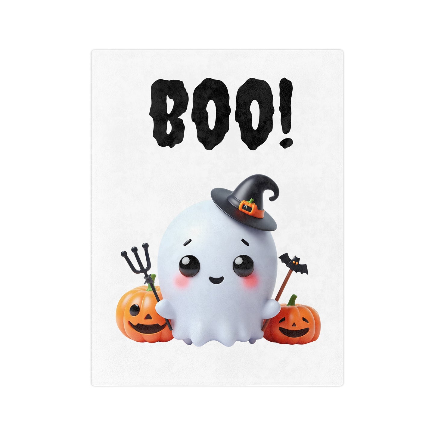 Cute Boo! Ghost Halloween Plush Blanket with an adorable ghost wearing a witch hat, surrounded by jack-o'-lanterns, and the word "BOO!" on a white background.

