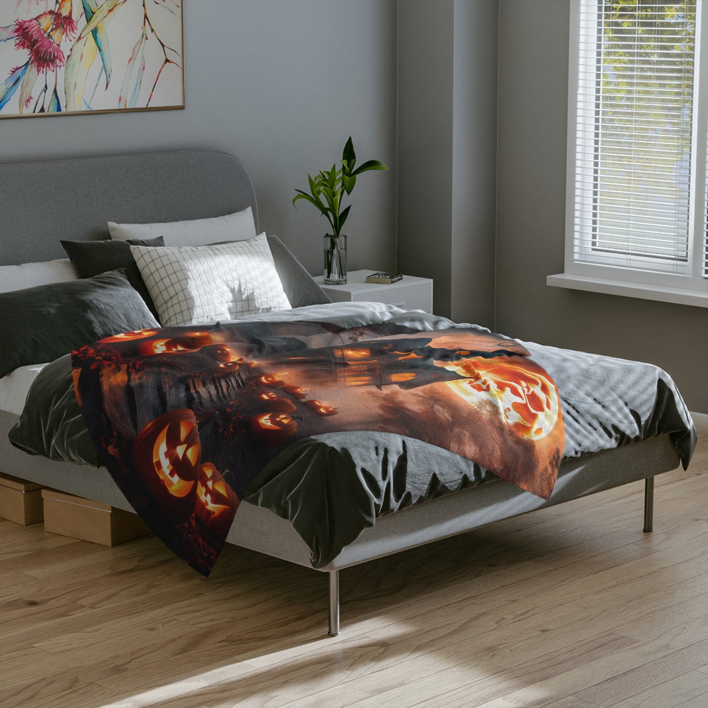 Haunted House & Fiery Orange Moon Halloween Plush Blanket