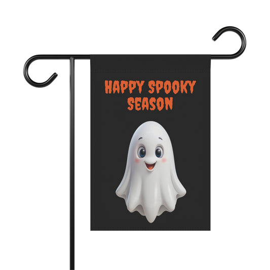 “Spooky Season garden flag with smiling white ghost on black background – cute Halloween outdoor yard decoration”