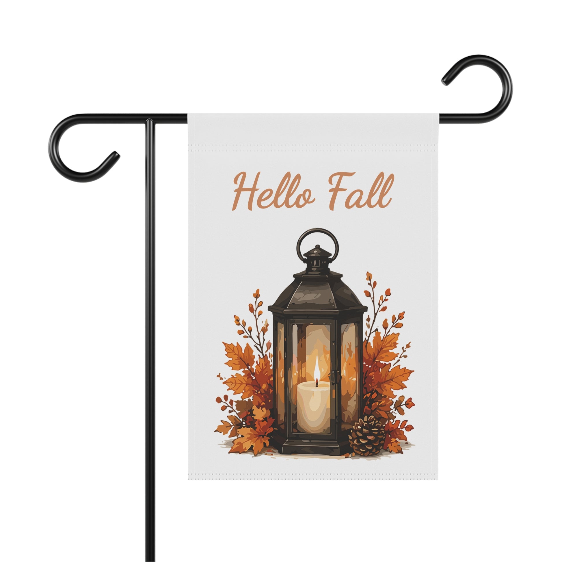 Outdoor garden flag featuring a lit candle lantern illustration beneath warm orange script text reading Hello Fall.