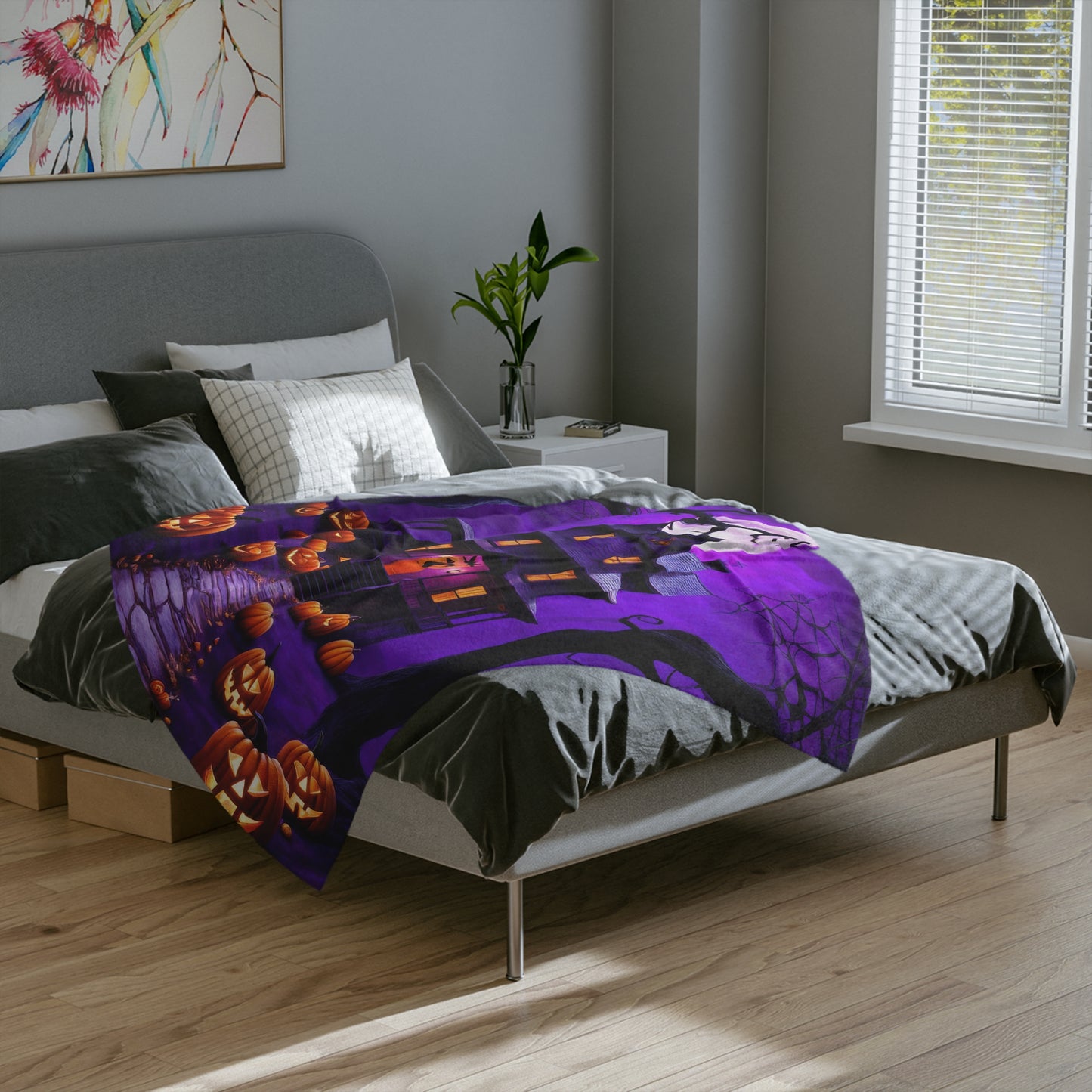 Mystical Purple Haunted House & Pumpkin Path Lightweight Velveteen Blanket