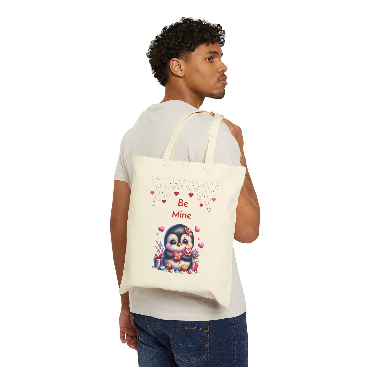 Be Mine Penguin Canvas Tote Bag with Love Heart Candy