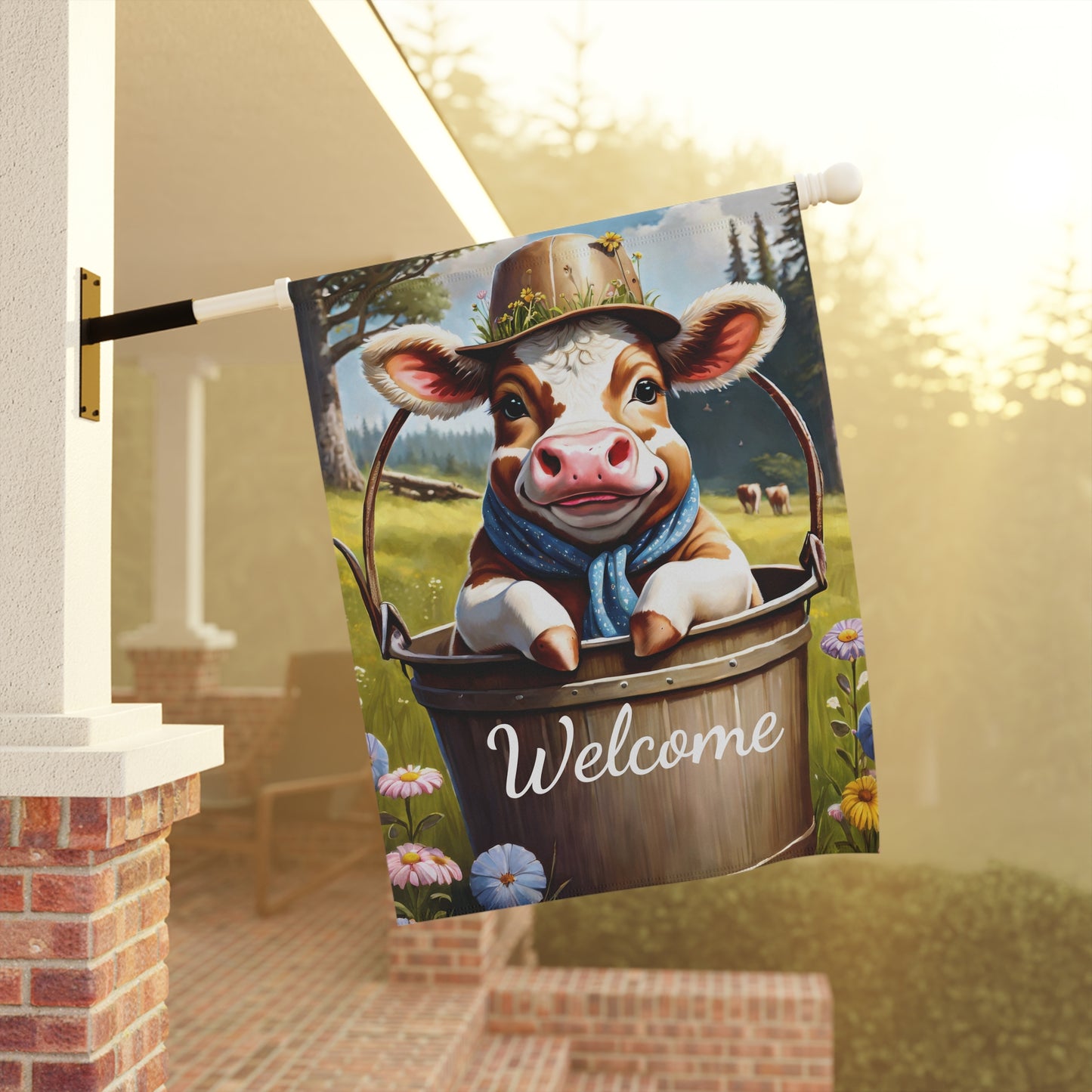 Welcome Garden Flag with Cute Cow in Bucket