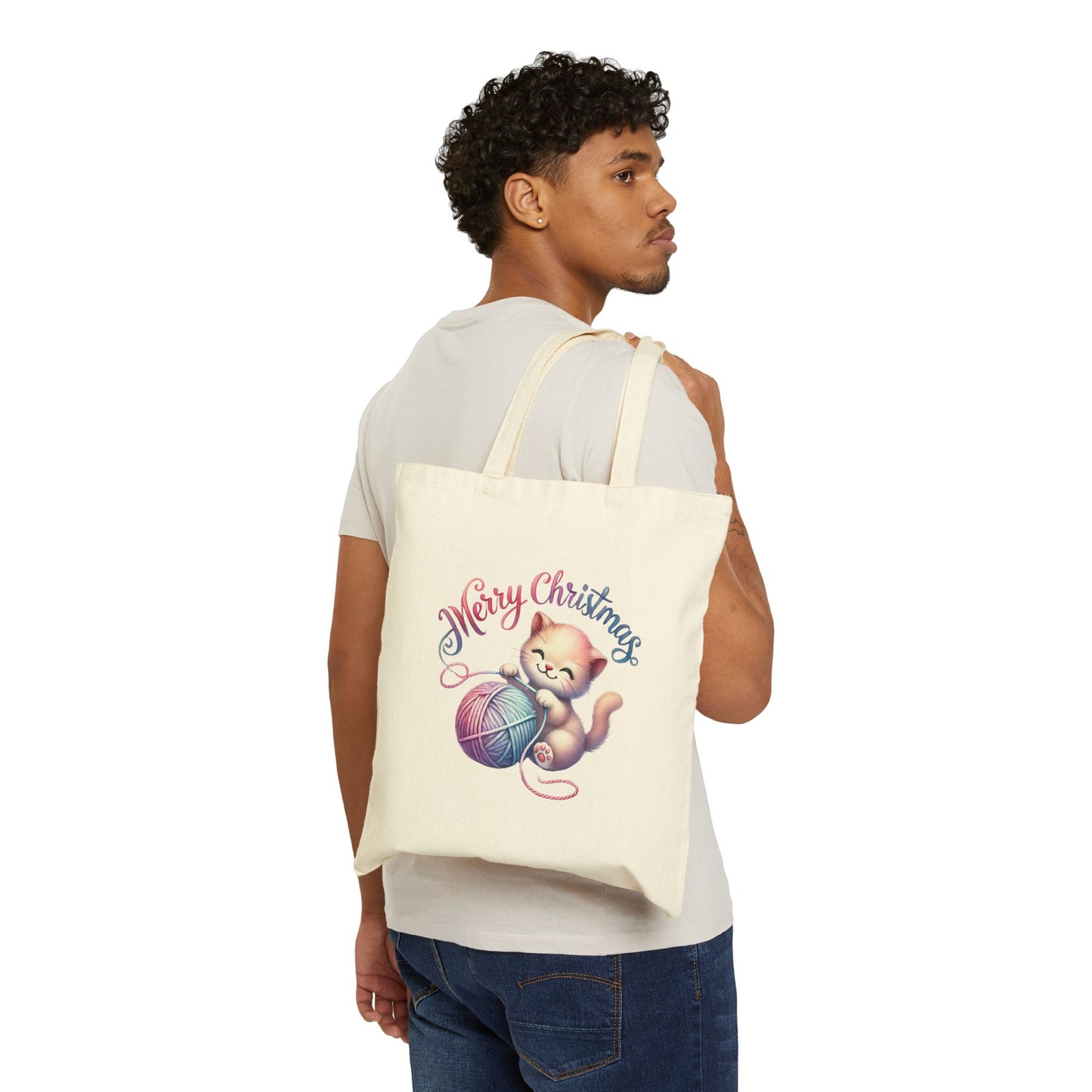 "Merry Christmas" Cute Kitten & Yarn Canvas Tote Bag