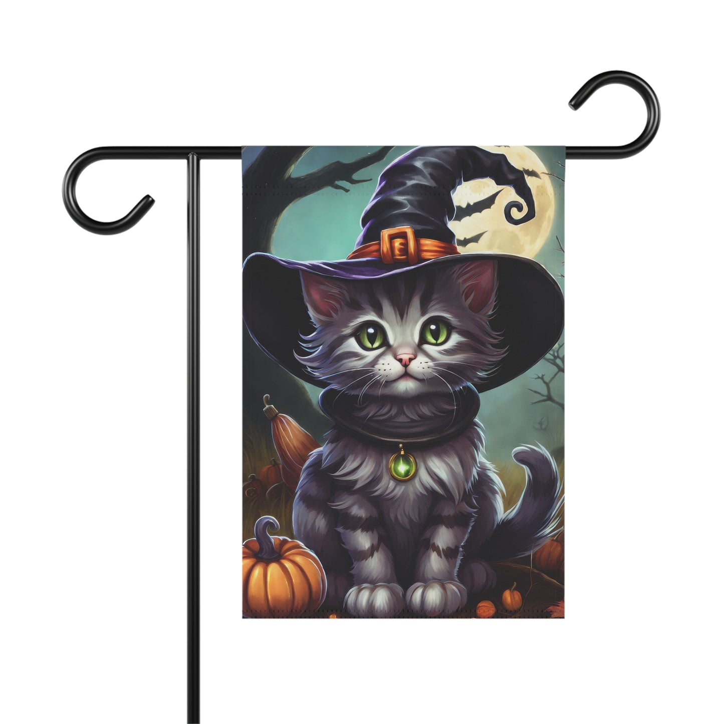 Halloween garden flag with gray tabby cat in witch hat and green pendant, sitting among pumpkins under full moon