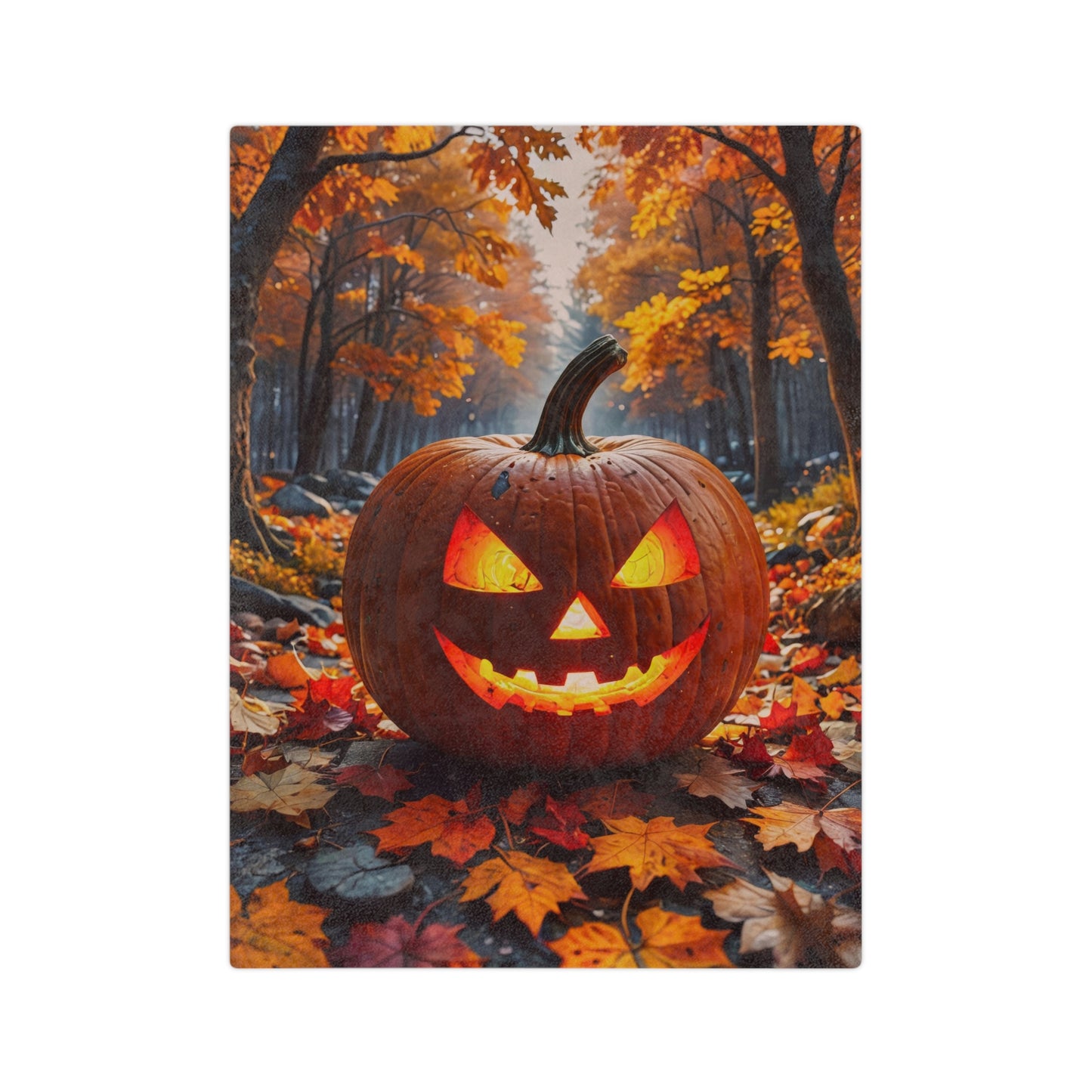 Spooky Forest Jack-o'-Lantern Halloween Plush Blanket with a glowing jack-o'-lantern in an autumn forest surrounded by colorful fallen leaves.

