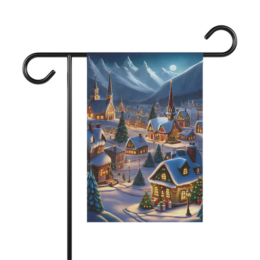 Magical Christmas mountain village garden flag with snow-covered houses, churches, decorated Christmas trees, and snowy mountains under a full moon at night, festive holiday outdoor decor.


