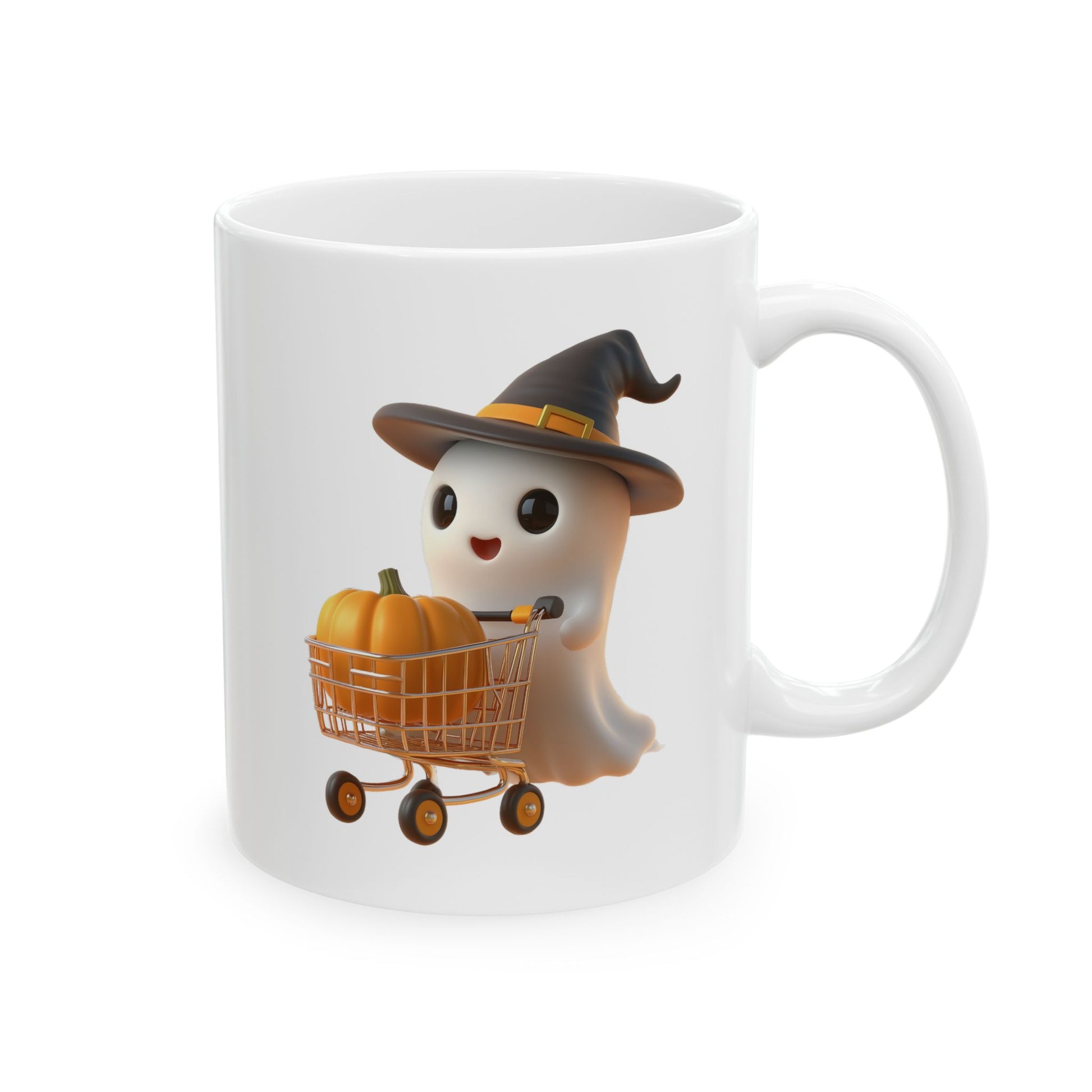 White ceramic coffee mug with a cute cartoon ghost wearing a black witch hat and pushing a small metal shopping cart containing an orange pumpkin