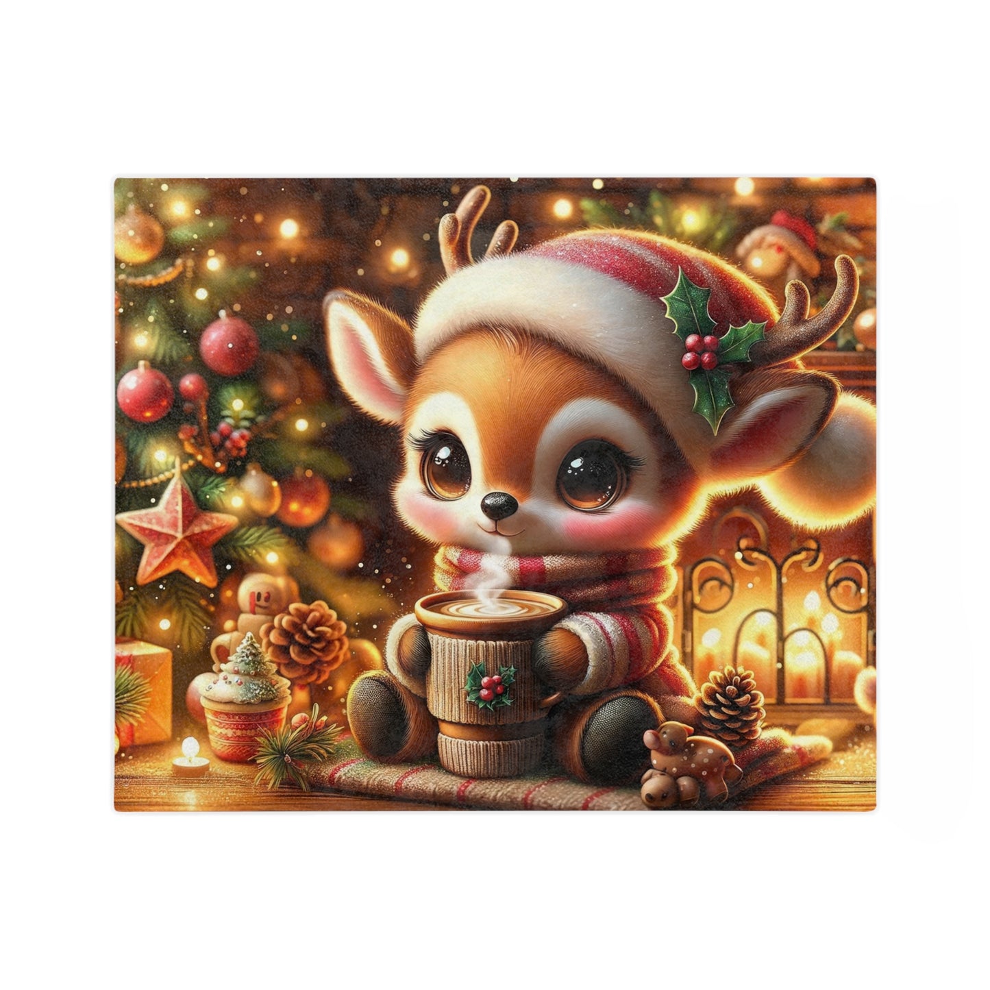 A cute, big-eyed reindeer wearing a Santa hat and striped scarf, holding a hot cocoa mug, in a cozy Christmas scene with a decorated tree and candles.

