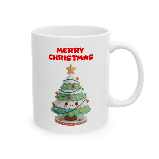 Merry Christmas coffee mug with a cute cartoon Christmas tree.