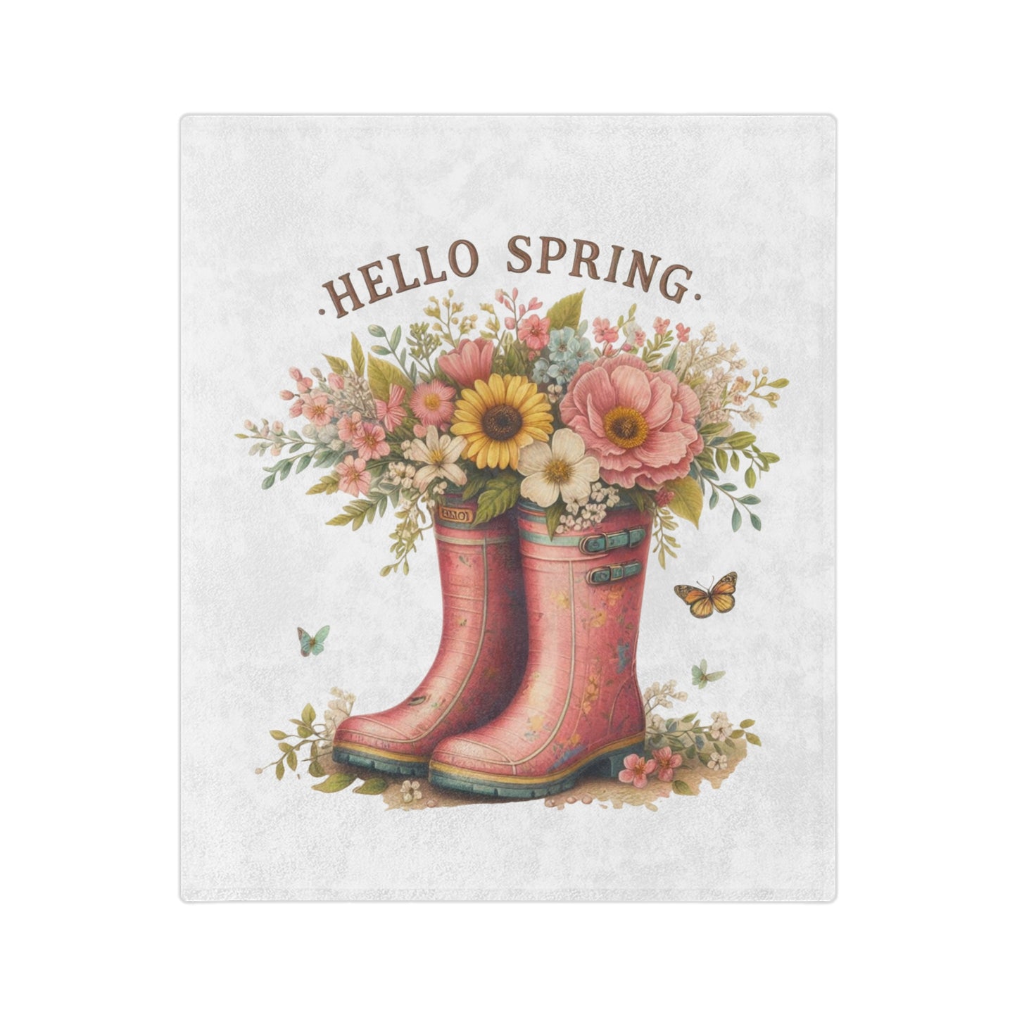 A soft "Hello Spring" velveteen blanket featuring a watercolor illustration of pink floral rain boots filled with a bouquet of spring flowers and butterflies.

