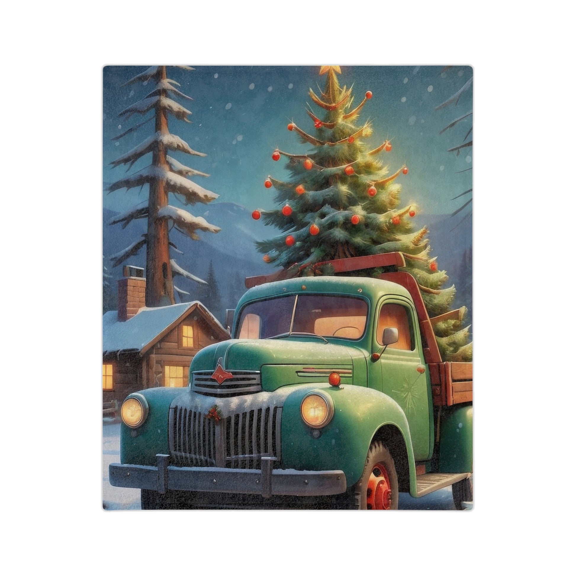 Vintage green pickup truck with a decorated Christmas tree in snowy mountain cabin winter scene blanket

