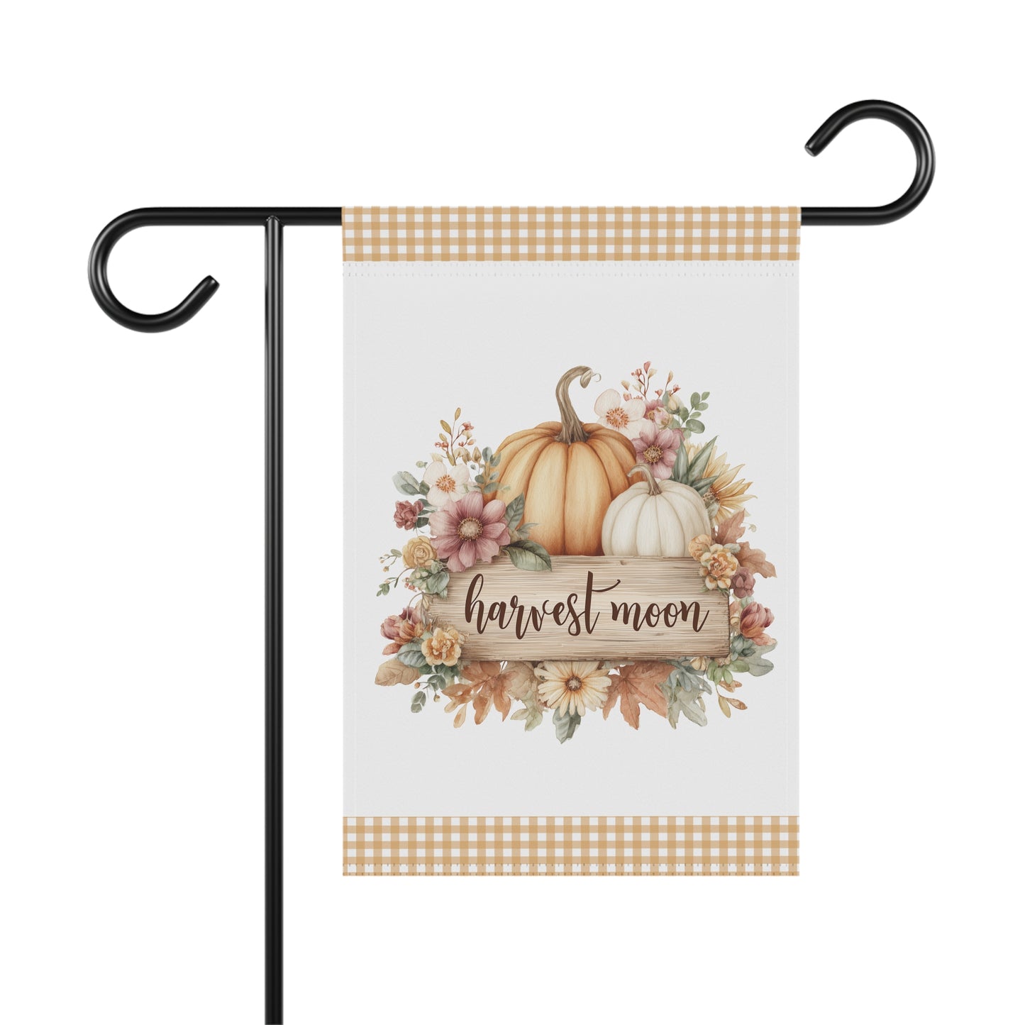 Muted autumn pumpkin and floral display on a wooden sign with script Harvest Moon text and gingham trim garden flag