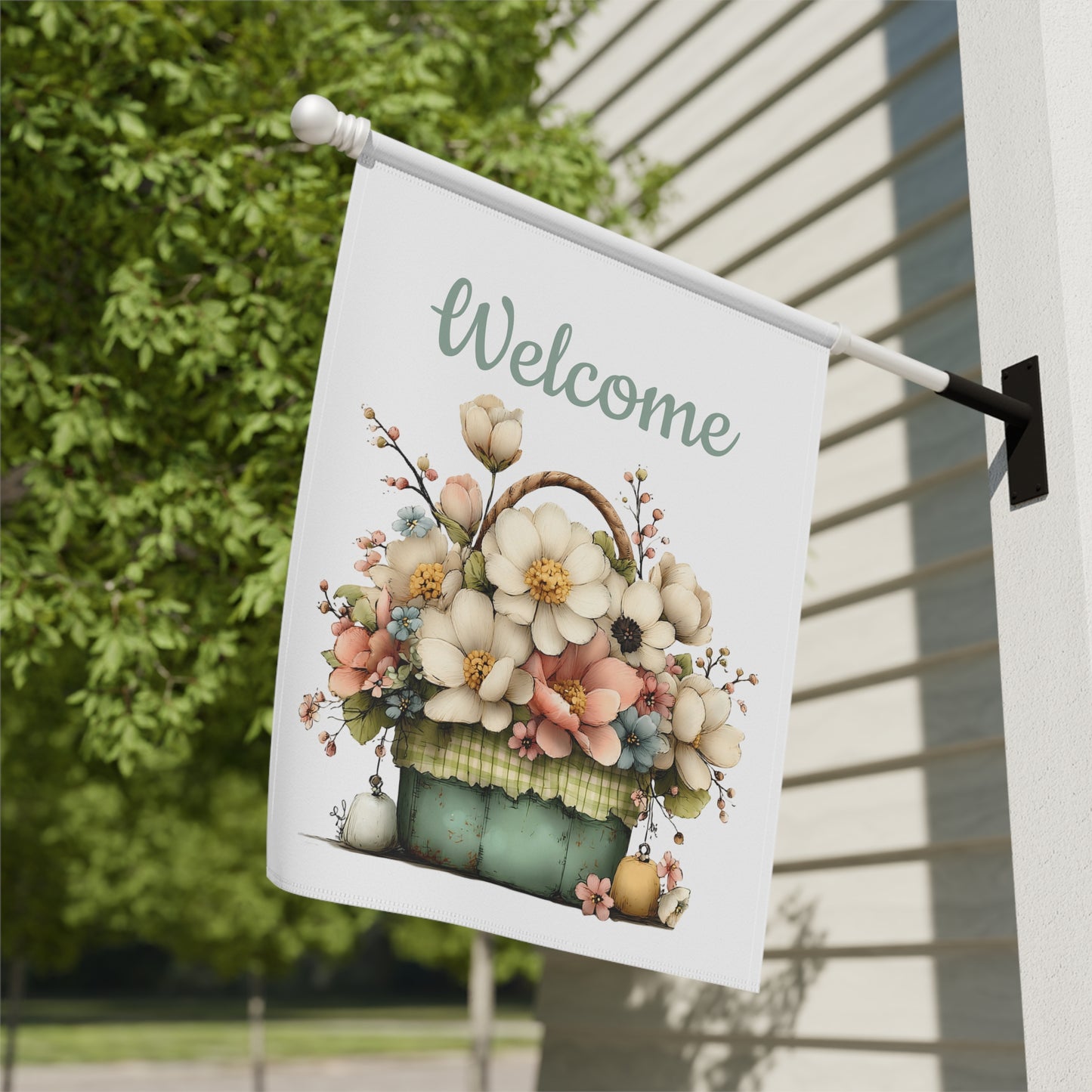 Vintage Flower Basket Welcome Flag