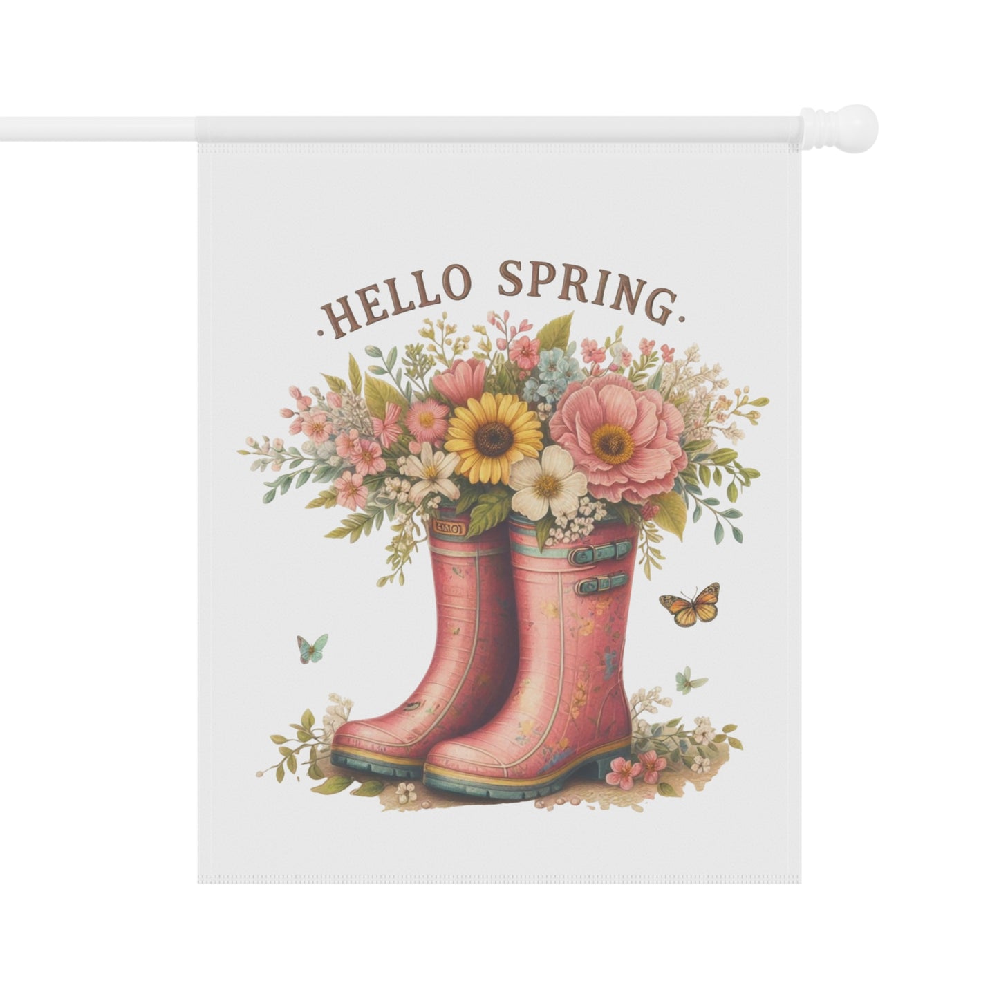 Cute "Hello Spring" Garden Flag with Floral Rain Boots
