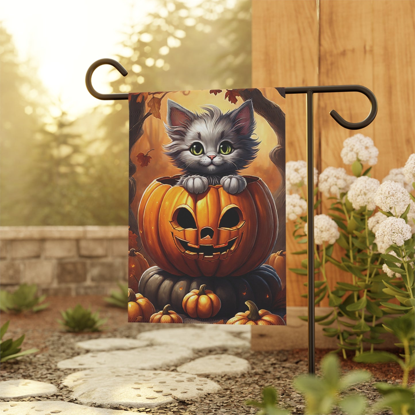 Kitten in Carved Pumpkin Halloween Garden Flag