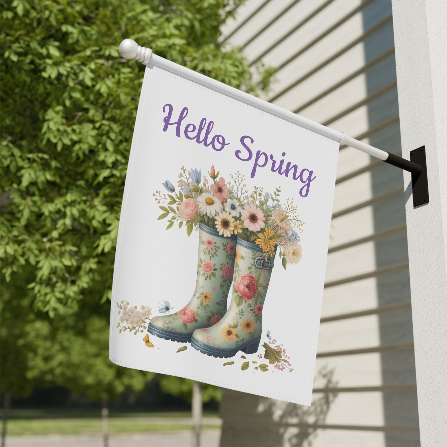 "Hello Spring" Garden Flag with Floral Rain Boots