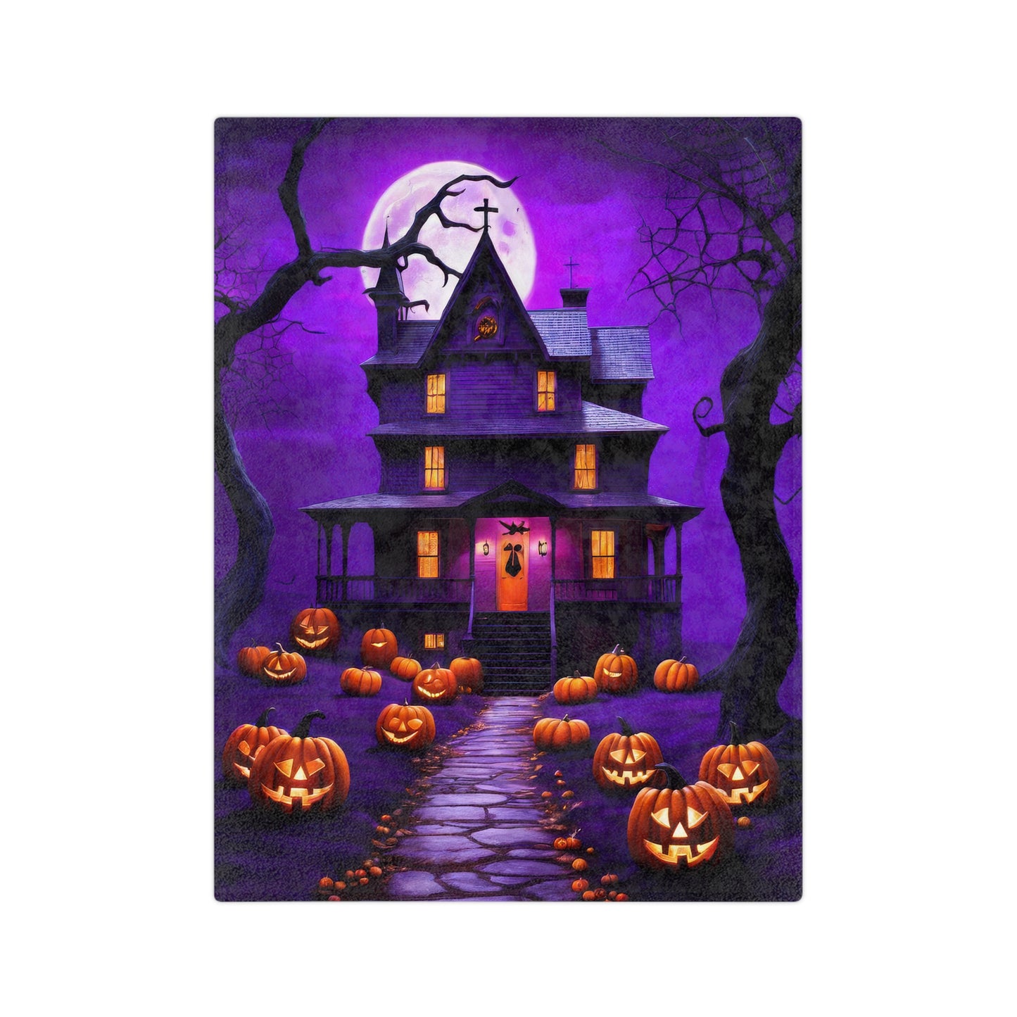 Lightweight velveteen blanket with a purple haunted house, glowing windows, a path of jack-o'-lanterns, and a large purple full moon, spooky Halloween decor.

