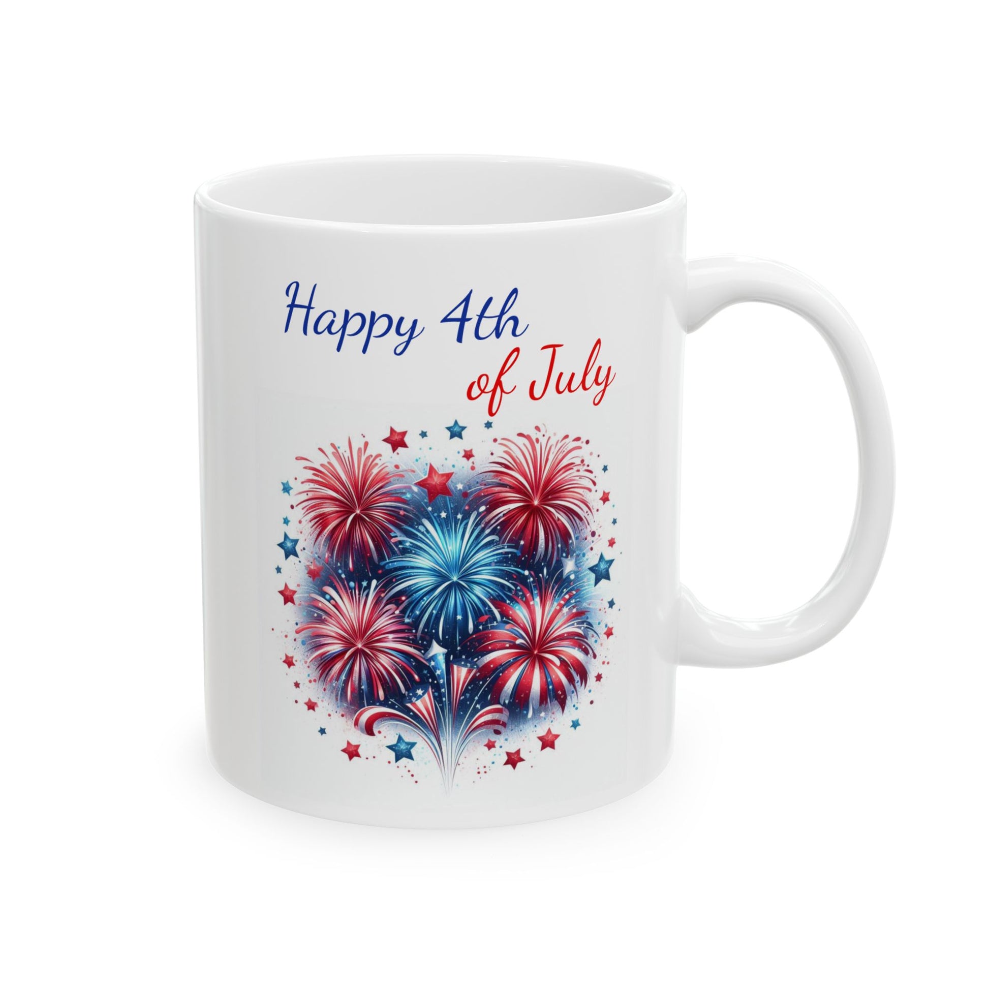 White ceramic coffee mug featuring a tight cluster of red, white, and blue fireworks surrounded by small scattered stars beneath the script text Happy 4th of July.