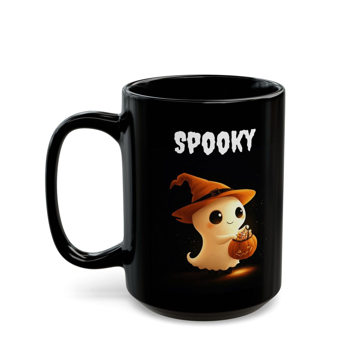 SPOOKY" Cute Ghost & Witch Hat Black Coffee Mug