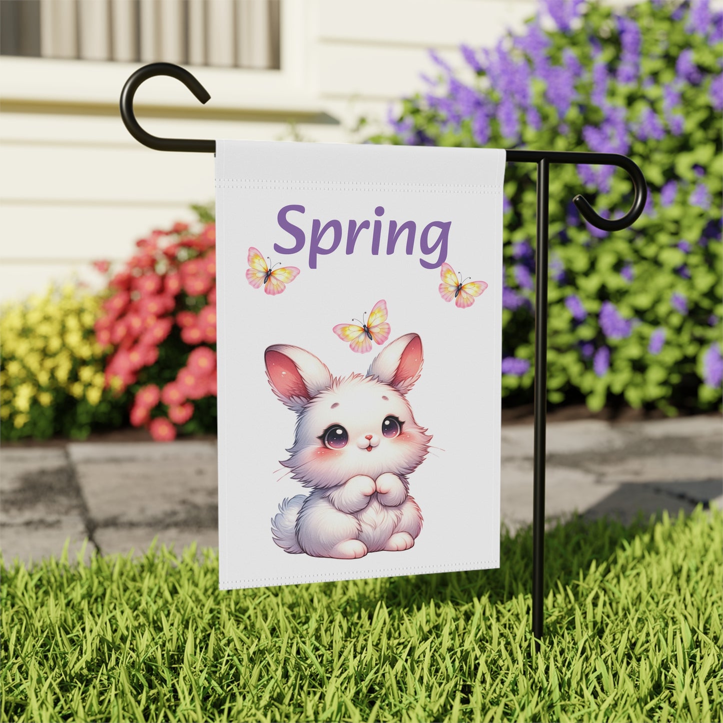 Adorable White Bunny & Butterflies Spring Garden Flag