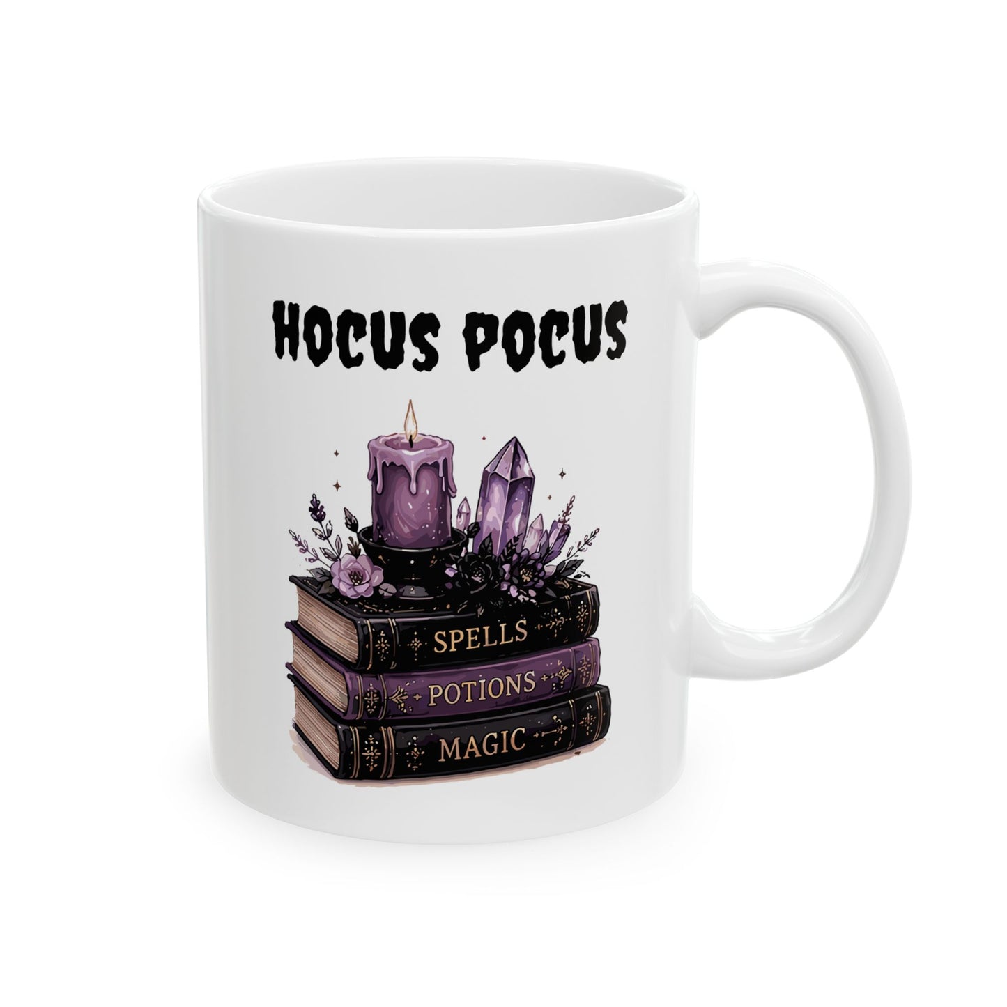White ceramic coffee mug featuring an illustration of a stack of three purple and black books labeled SPELLS, POTIONS, and MAGIC, topped with a dripping purple candle and crystals under the black script text HOCUS POCUS.
