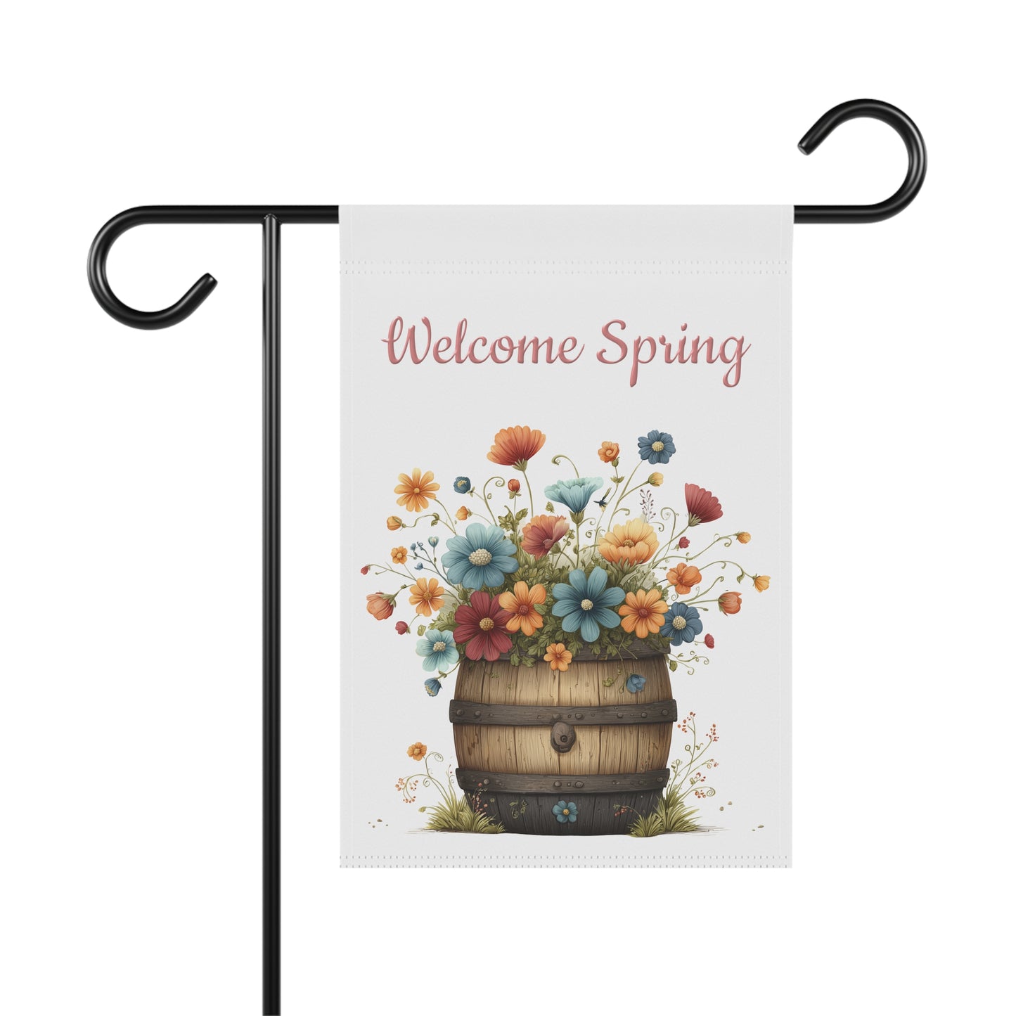 Colorful wildflowers blooming out of a rustic wooden barrel under blue Welcome text garden flag