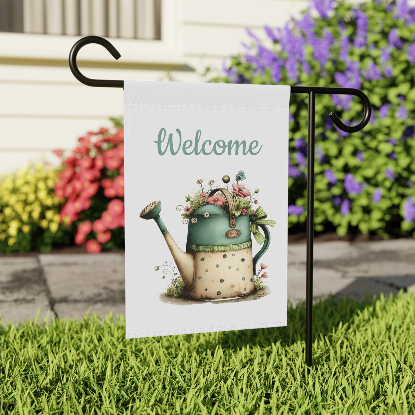 Vintage Watering Can Welcome Flag