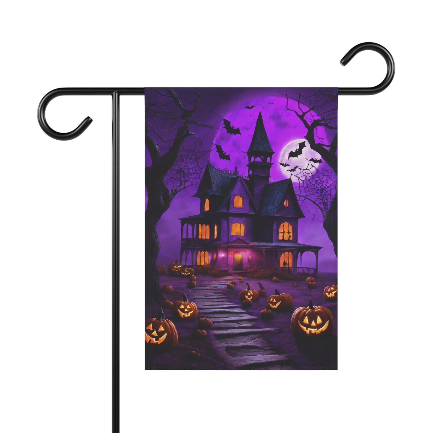 Purple Halloween garden flag with haunted house, jack-o’-lanterns, bats, and glowing full moon

