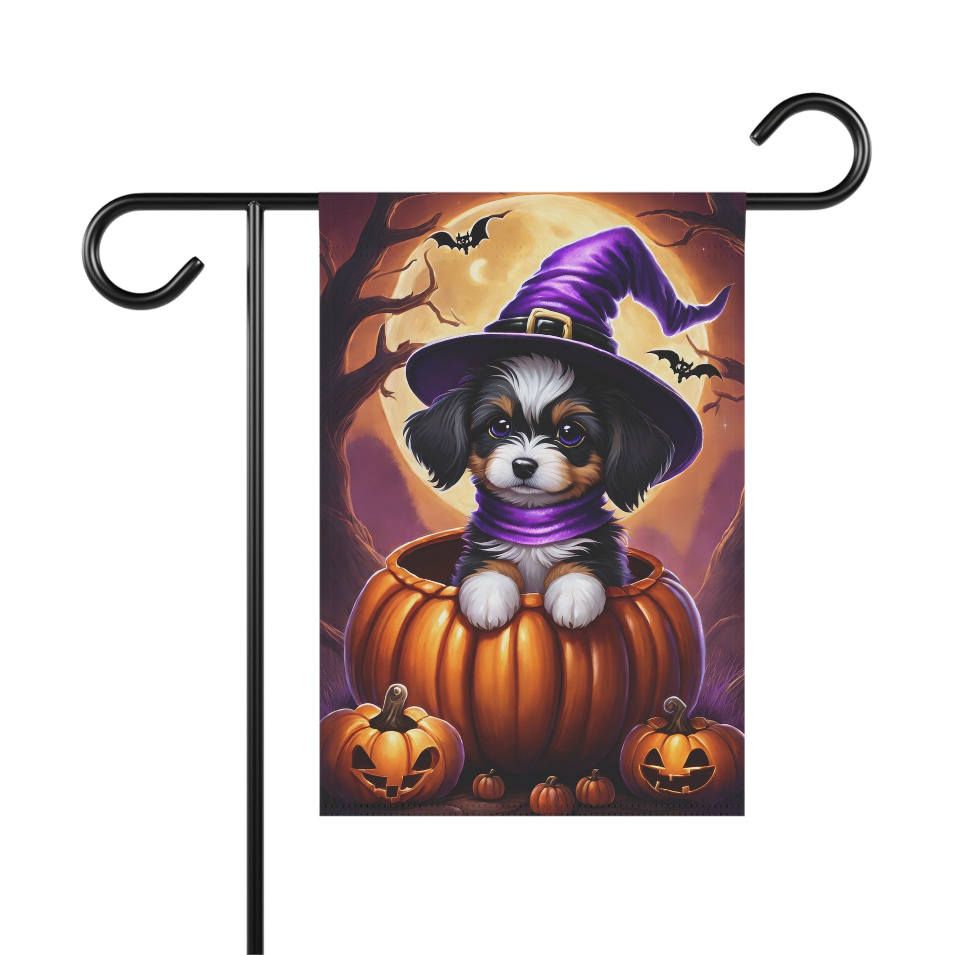Cute puppy in a pumpkin Halloween garden flag with witch hat and full moon background
