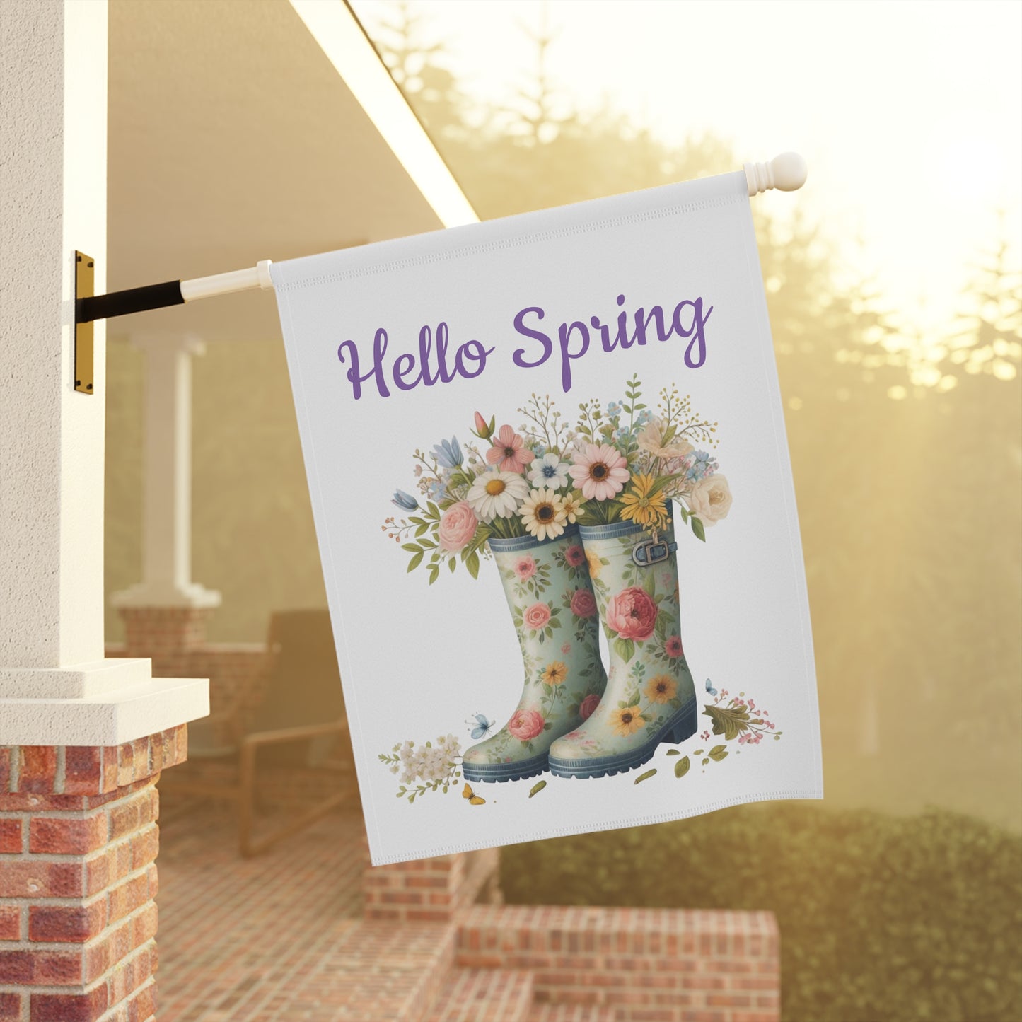 "Hello Spring" Garden Flag with Floral Rain Boots